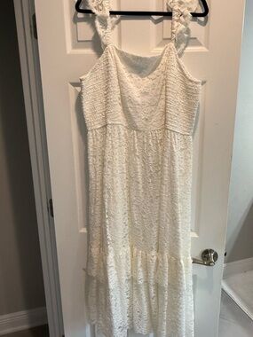 Draper James White Lace Midi Dress with Ruffle Straps